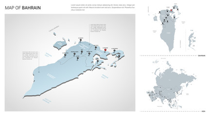 Vector set of Bahrain country.  Isometric 3d map, Bahrain map, Asia map - with region, state names and city names.