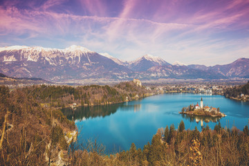 Bled Lake in early spring at sunrise. Slovenia, Europe