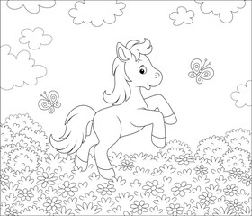 Cute little pony dancing with funny butterflies among flowers on a meadow on a sunny summer day, black and white outline vector illustration in a cartoon style for a coloring book