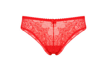 Beautiful female lacy red panties isolated on white background. Sexy underwear