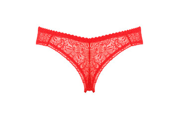 Beautiful female lacy red panties isolated on white background. Sexy underwear