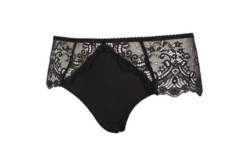 Beautiful female lacy black panties isolated on white background. Sexy underwear