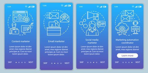 Fototapeta premium Digital marketing specialties blue gradient onboarding mobile app page screen vector template. Marketer walkthrough website steps with linear illustrations. UX, UI, GUI smartphone interface concept
