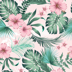 vector seamless botanical tropical pattern with flowers. Lush foliage floral design with monstera leaves, areca palm leaves, fan palm, hibiscus flower, frangipani flower. Modern allover background.