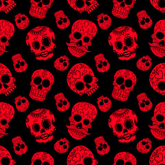 Seamless pattern with mexican sugar skulls. Design element for poster, card, flyer, banner. Vector illustration