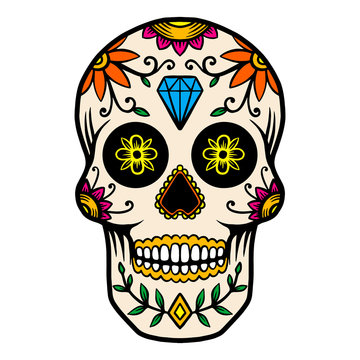 Hand drawn mexican sugar skull isolated on white background. Design element for poster, card, banner, t shirt, emblem, sign. Vector illustration