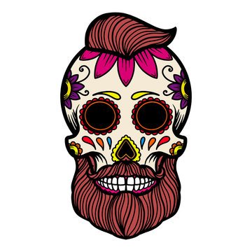 Hand drawn mexican bearded sugar skull isolated on white background. Design element for poster, card, banner, t shirt, emblem, sign. Vector illustration