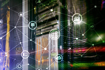 ICT - information and telecommunication technology and IOT - internet of things concepts. Diagrams with icons on server room backgrounds