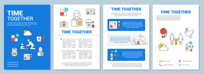 Fototapeta na wymiar Time together brochure template layout. Kids games. Walk in park. Flyer, booklet, leaflet print design with linear illustrations. Vector page layouts for magazines, annual reports, advertising posters