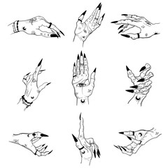 Witch hands with black nails, rings, Magic. Boho style.