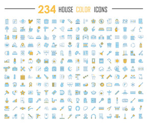 House color icons big set. Household, domestic items. Plumbing, construction tools. Cleaning service, housework. Real estate, property. Home appliances and furniture. Isolated vector illustrations