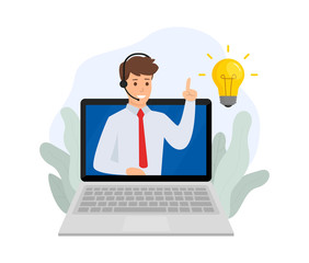 Customer service. Man hotline operator advises client. Online support 24-7. Vector illustration design. EPS 10.