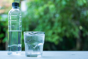 Glass with ice and bottle put on table green background of nature.