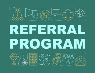 Referral program word concepts banner. Viral, influencer marketing tools. Customer attraction strategy. Presentation, website. Isolated lettering typography, linear icons. Vector outline illustration