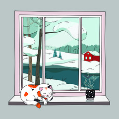 Vector hand-drawn illustration with winter landscape, cat and cup of tea or coffee. Cozy winter day.  The cat is sleeping on the windowsill
