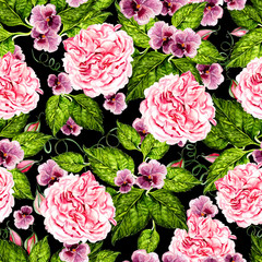 Bright watercolor seamless pattern with peony, roses and violet flowers. 