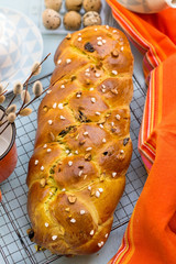 Traditional Bulgarian Kozunak sweet Easter bread with pistachio nuts