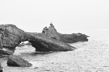 Seascape of Biarritz in black and white. France.