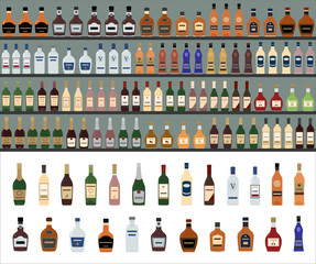 Alcoholic Drinks Bottles Large Vector Set. Supermarket shelves with alcohol bottles. Seamless pattern. 