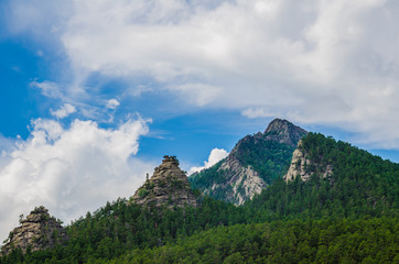 Beautiful mountain peak in clouds with rocks and pine forest