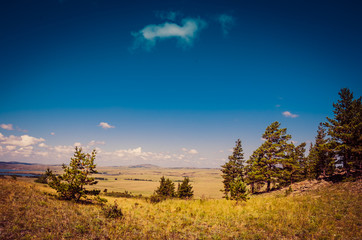 Beautiful mountain landscape trees in the field hills and lake at sunset summer tourism