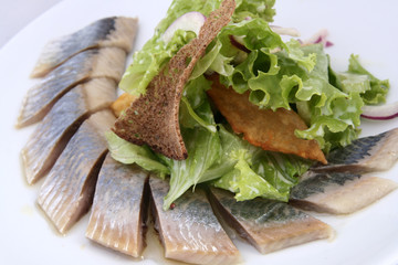 Herring fish with potatoes slices, greens, red onion and rye bread on the white background. 