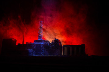 Creative artwork decoration. Chernobyl nuclear power plant at night. Layout of abandoned Chernobyl...
