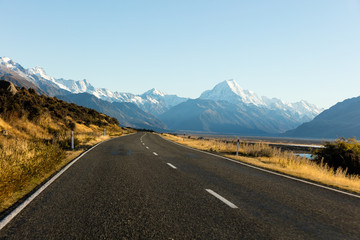 Driving to snow covered Mt. Cook / Aoraki in New Zealand's South Island