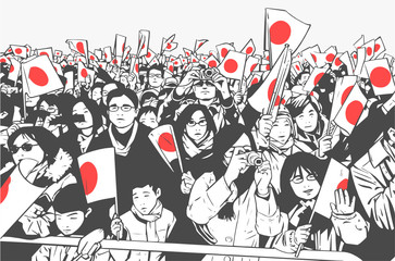 Illustration of Japanese crowd waving flags at golden week celebration