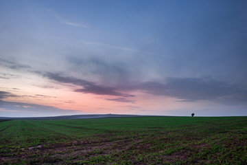 Colorful clouds after sunset over fields