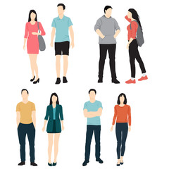 Obraz premium Set of silhouettes of men and women standing and walking in different poses, cartoon character, group business people, vector illustration, flat designe icon, isolated on white background