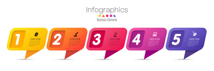 Infographics design vector and business icons with 5 options. Use in corporate report, marketing, annual report. Network management data screen with charts, diagrams.