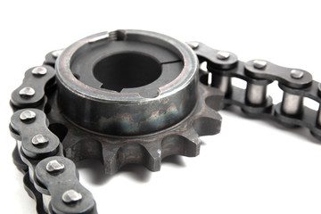 Roller chain and drive sprocket on a white background
