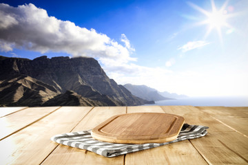 Desk of free space and summer beach background 