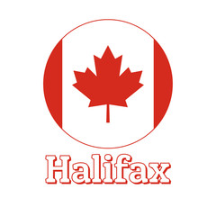 Round button Icon of national flag of Canada with red maple leaf on the white background and lettering of city name Halifax. Inscription for logo, banner, t-shirt print. Vector illustration.