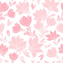 Magnolia pink flowers seamless vector pattern, bouquets in blossom. Beautiful home decor and interior design. Floral silhouettes. Spring blossom wallpaper. Wildflowers Wallpaper in Pastel Colors