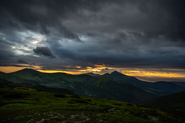 Evening in cloudy weather in the mountains