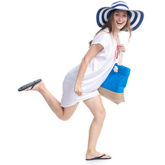 Woman in sun hat, sunglasses and beach bag summer smiling happiness looking walking goes running on white background isolation