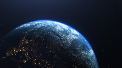 Earth planet viewed from space at night showing the lights of Europe, 3d render of planet Earth, elements of this image provided by NASA - obrazy, fototapety, plakaty