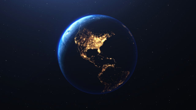 Earth planet viewed from space at night showing the lights of the United States of America  USA  and Latin American countries, 3d render of planet Earth, elements of this image provided by NASA