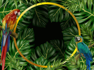 Tropical background hand drawn illustration green leaf parrot bird monstera 