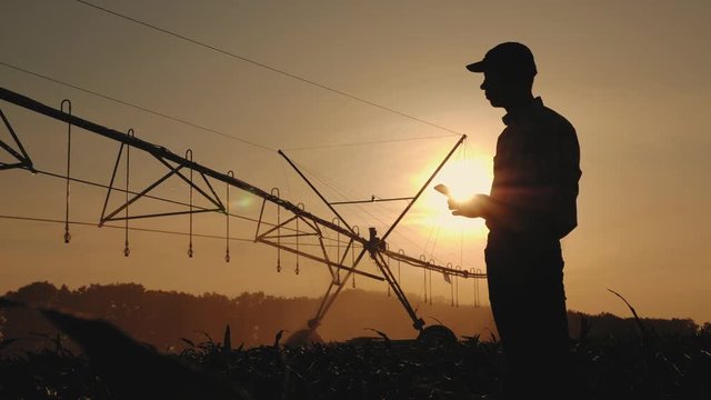 Silhouette of a man uses a smartphone in the field at sunset