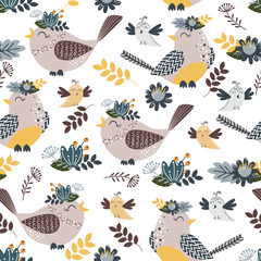 seamless pattern with light pink birds and flowers- vector illustration, eps