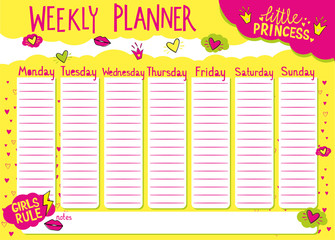 Weekly planner for girls. Kids schedule design template