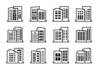 Line company icons and black vector buildings set, Office isolated collection on white background