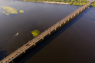 Paton bridge over the river with drone camera looks at the bridge