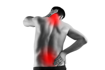 Pain in the male body, man with back ache, sciatica and scoliosis isolated on white background, chiropractor treatment concept