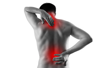 Pain in the male body, man with back ache, sciatica and scoliosis isolated on white background,...
