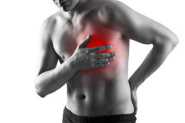Heart attack, man with chest pain isolated on white background, cardiovascular disease concept