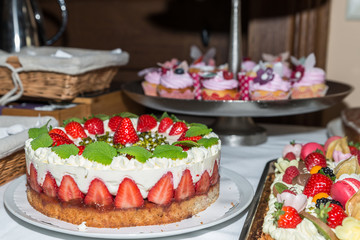 Nahaufnahme einer Erdbeersahnetorte garniert mit frischen Erdbeeren, Deutschland